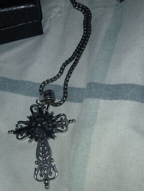 Hzman Black Ornate Cross Pendant Necklace